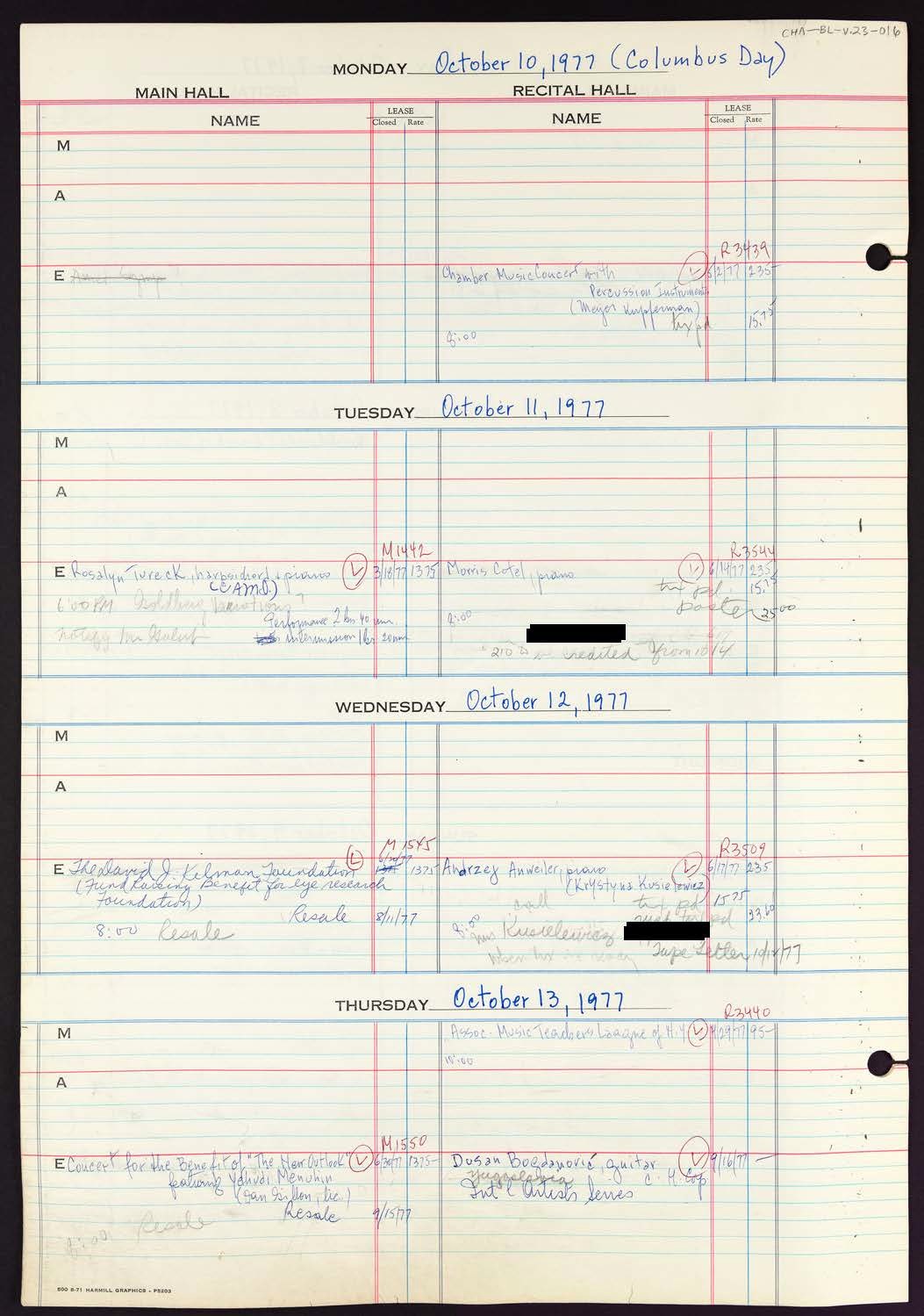 Carnegie Hall Booking Ledger, volume 23, page 16