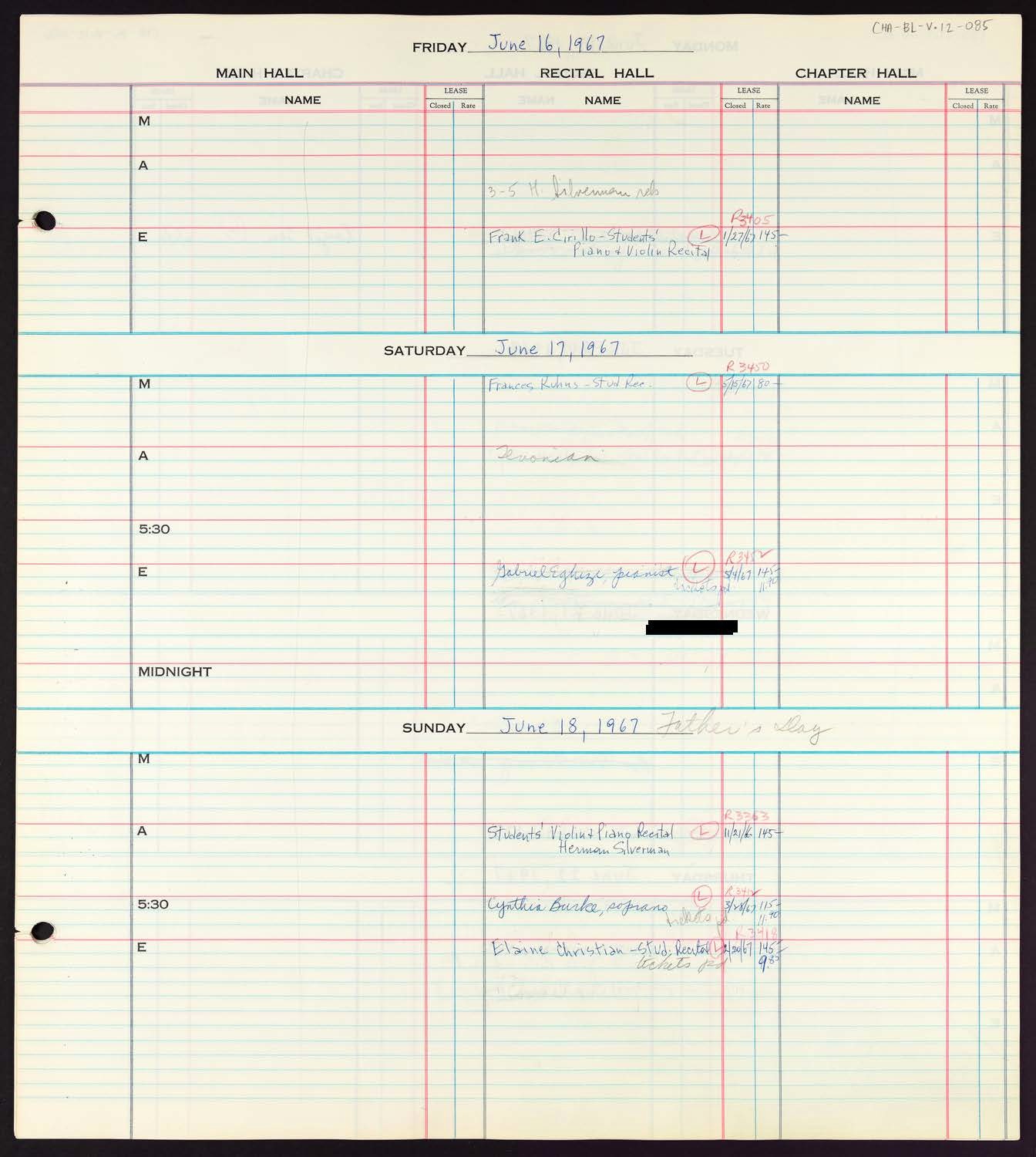 Carnegie Hall Booking Ledger, volume 12, page 85