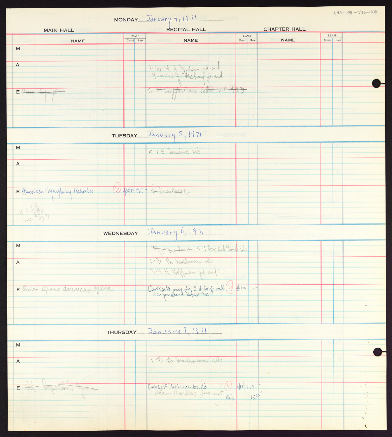 Carnegie Hall Booking Ledger, volume 16, page 38