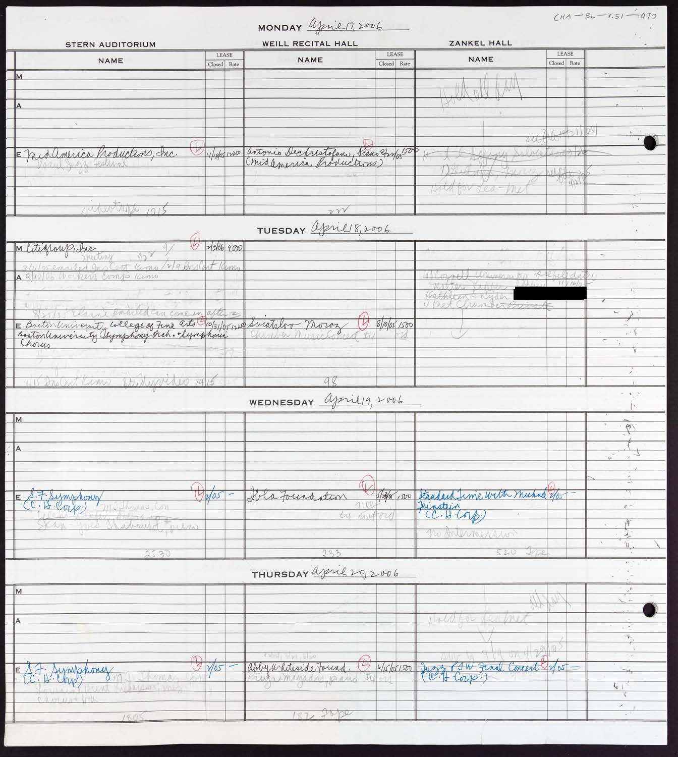 Carnegie Hall Booking Ledger, volume 51, page 70