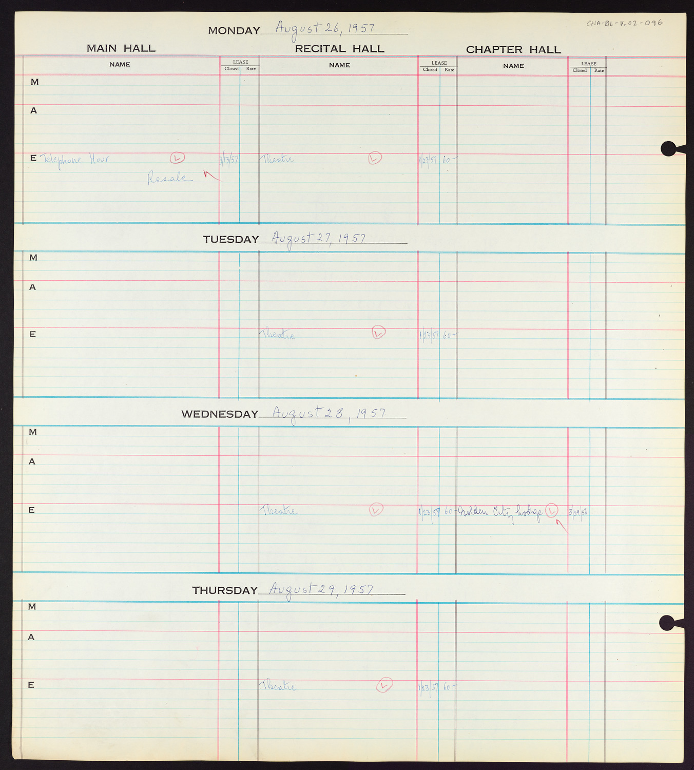 Carnegie Hall Booking Ledger, volume 2, page 96