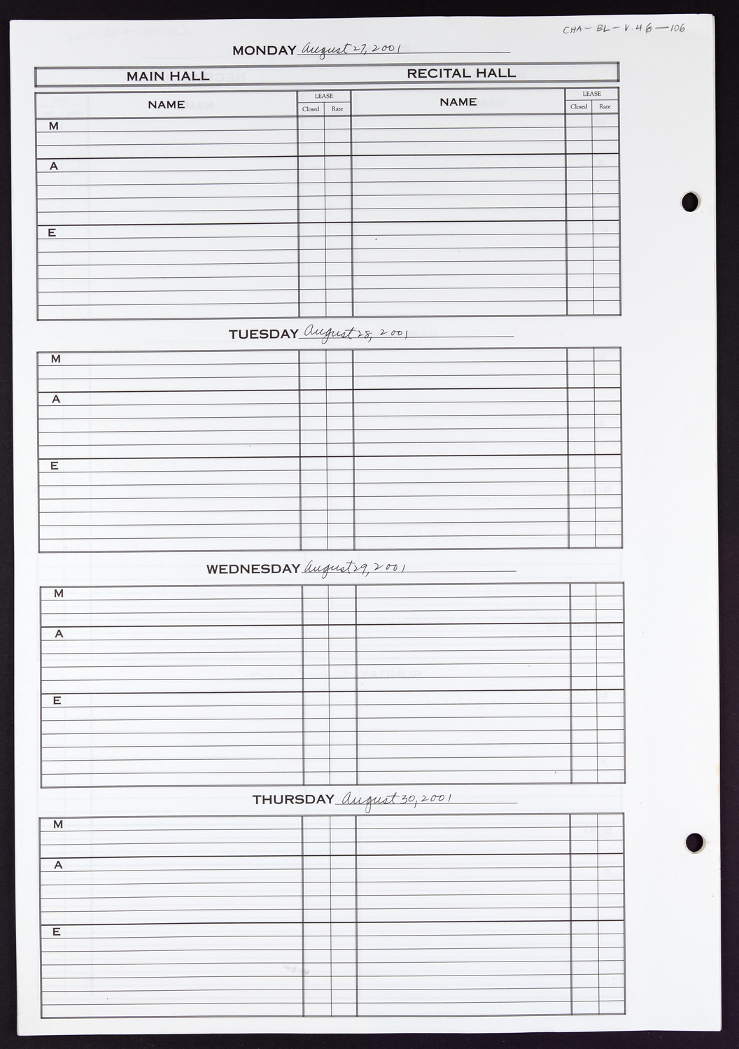 Carnegie Hall Booking Ledger, volume 46, page 106