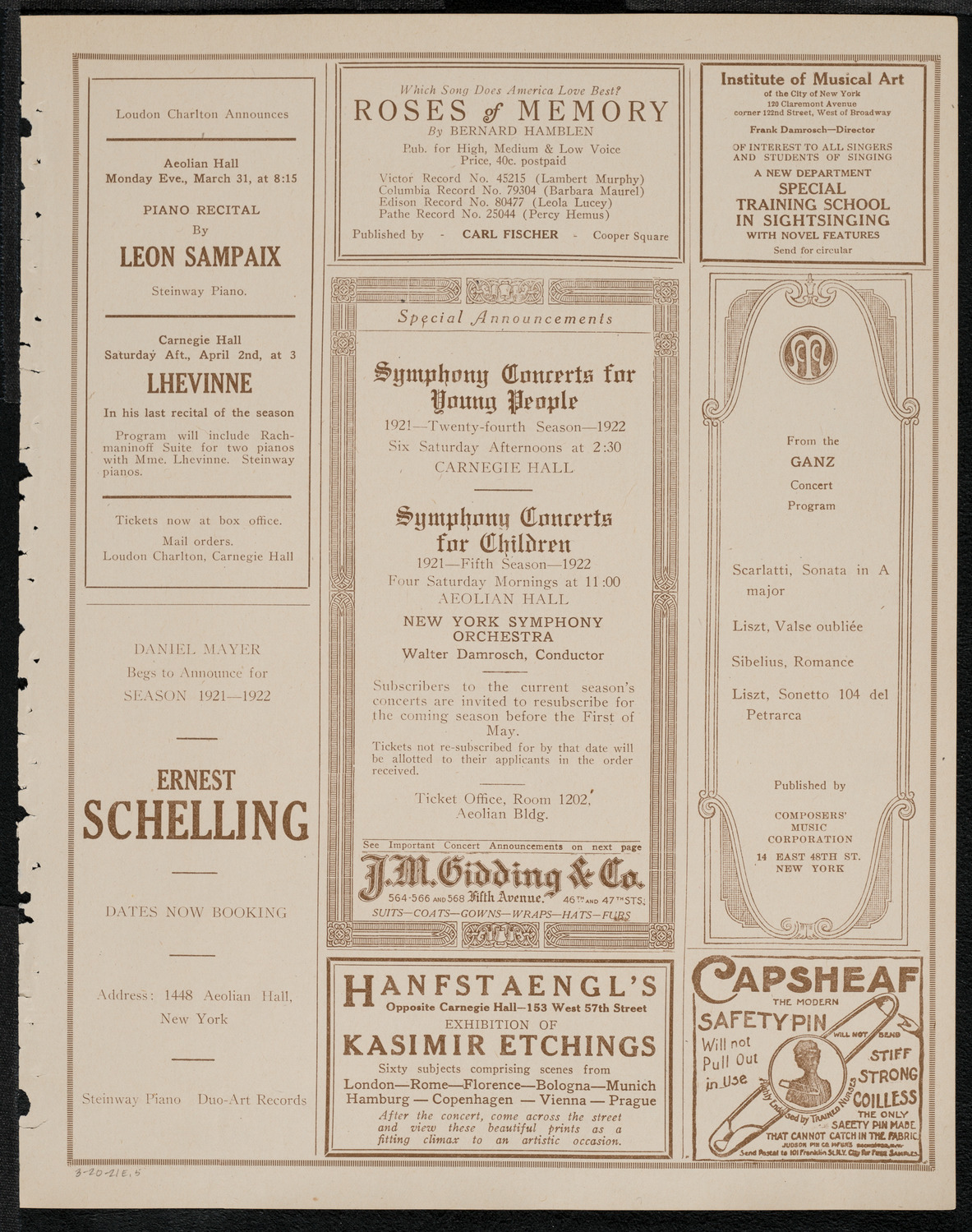 National Symphony Orchestra, March 20, 1921, program page 9