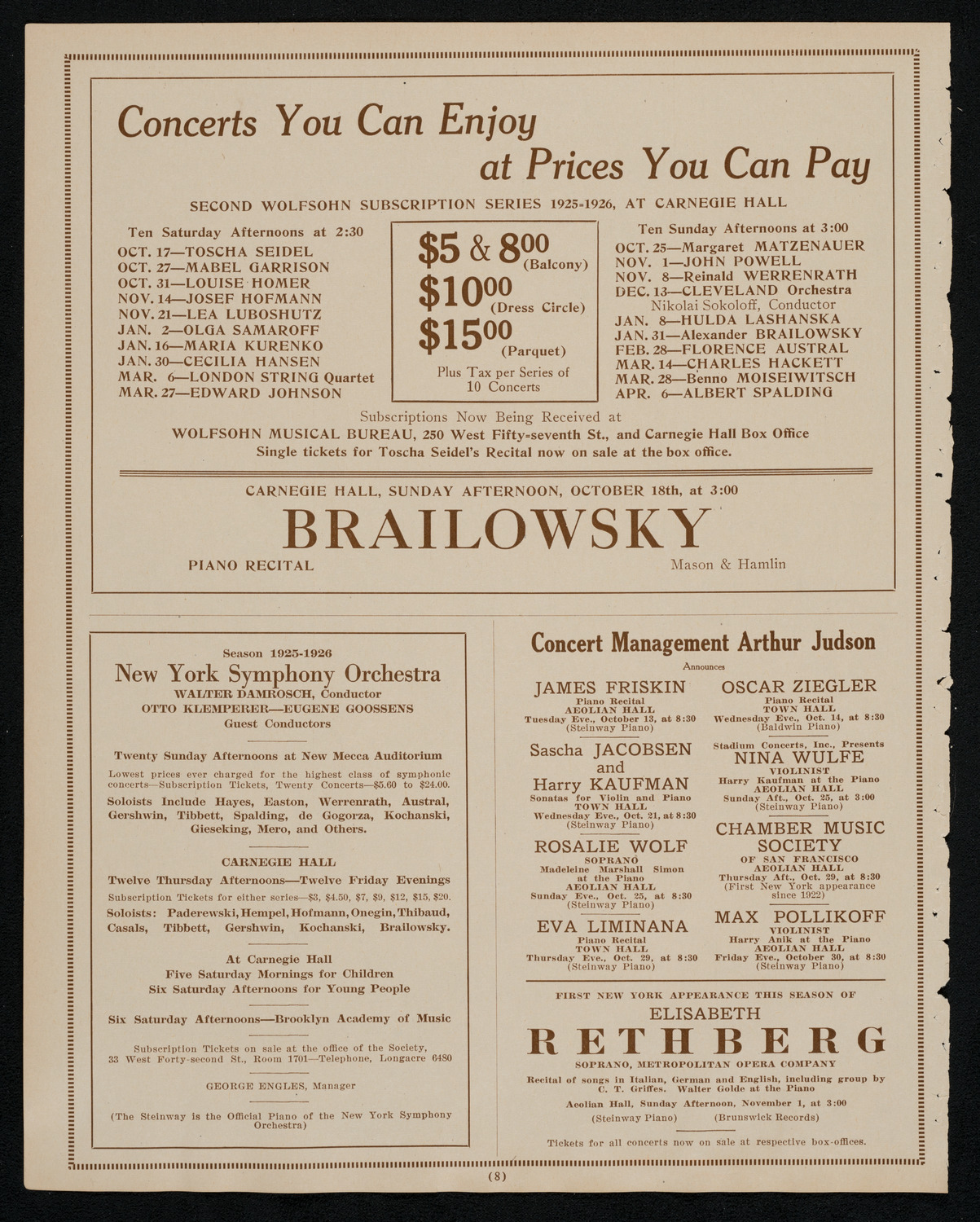 New York Philharmonic, October 16, 1925, program page 8