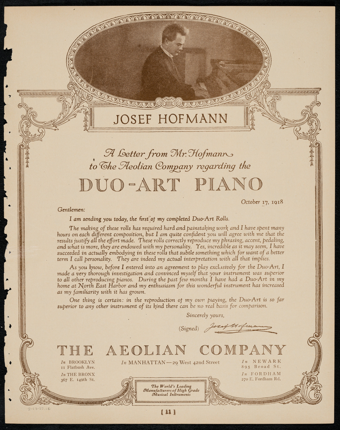 New York Philharmonic, February 23, 1922, program page 11