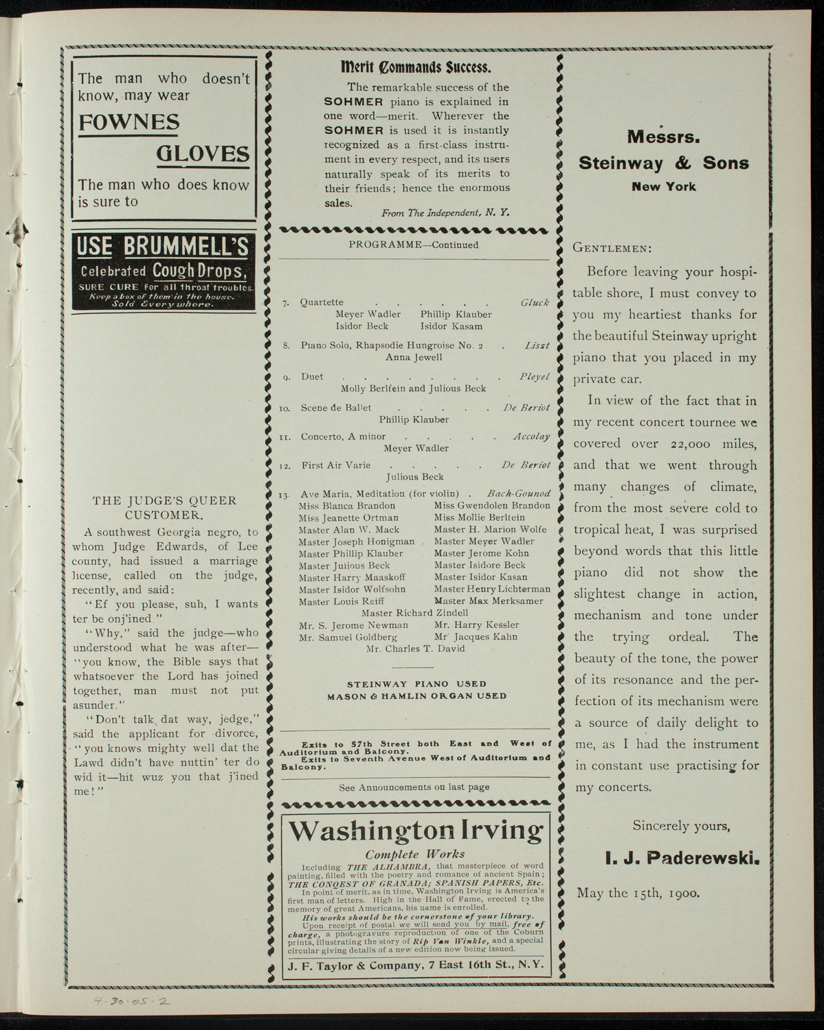 Violin Recital by Pupils of Isidore Moskowitz, April 30, 1905, program page 3