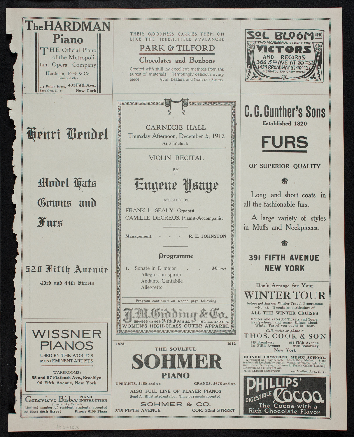 Eugène Ysaÿe, Violin, December 5, 1912, program page 5