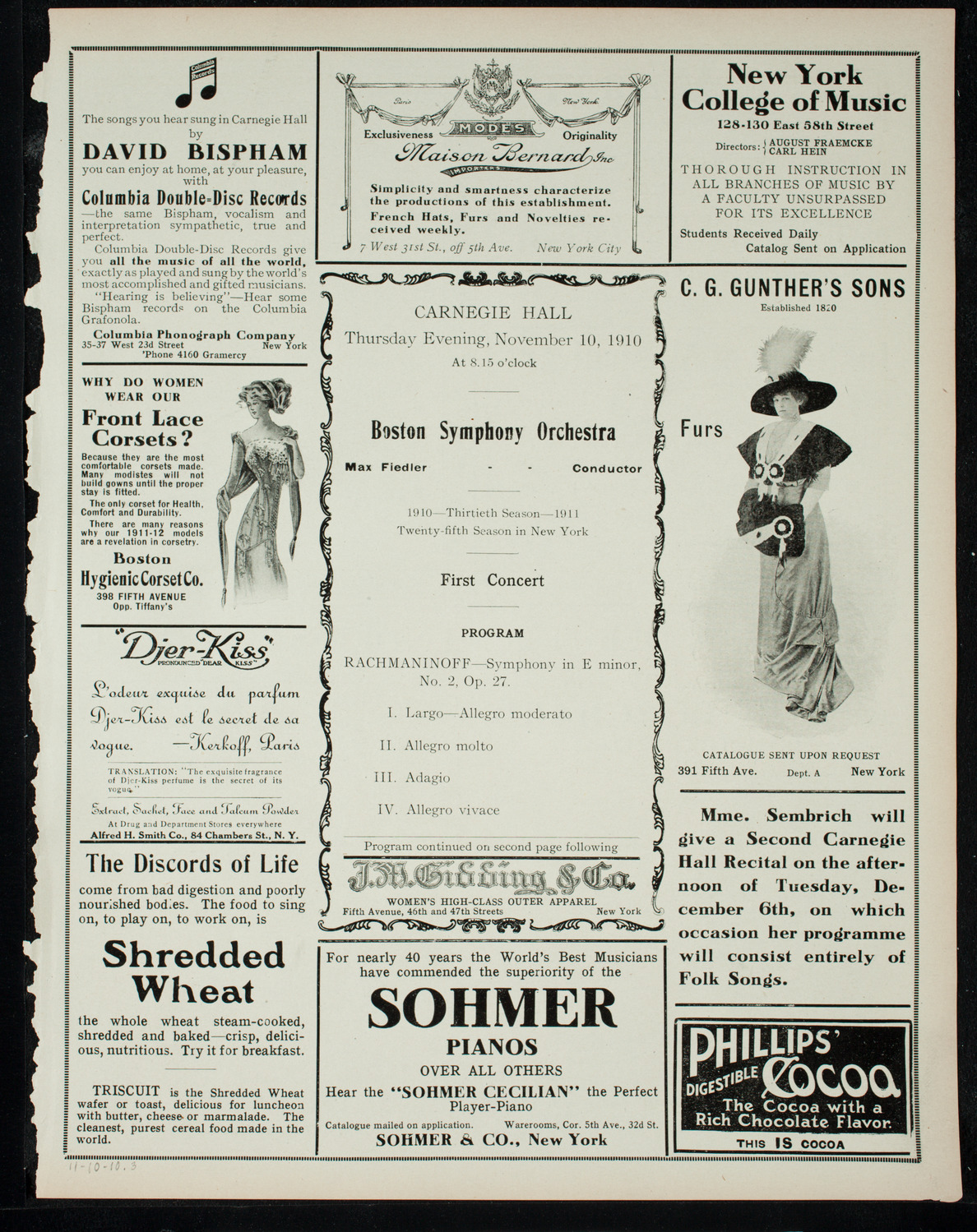 Boston Symphony Orchestra, November 10, 1910, program page 5