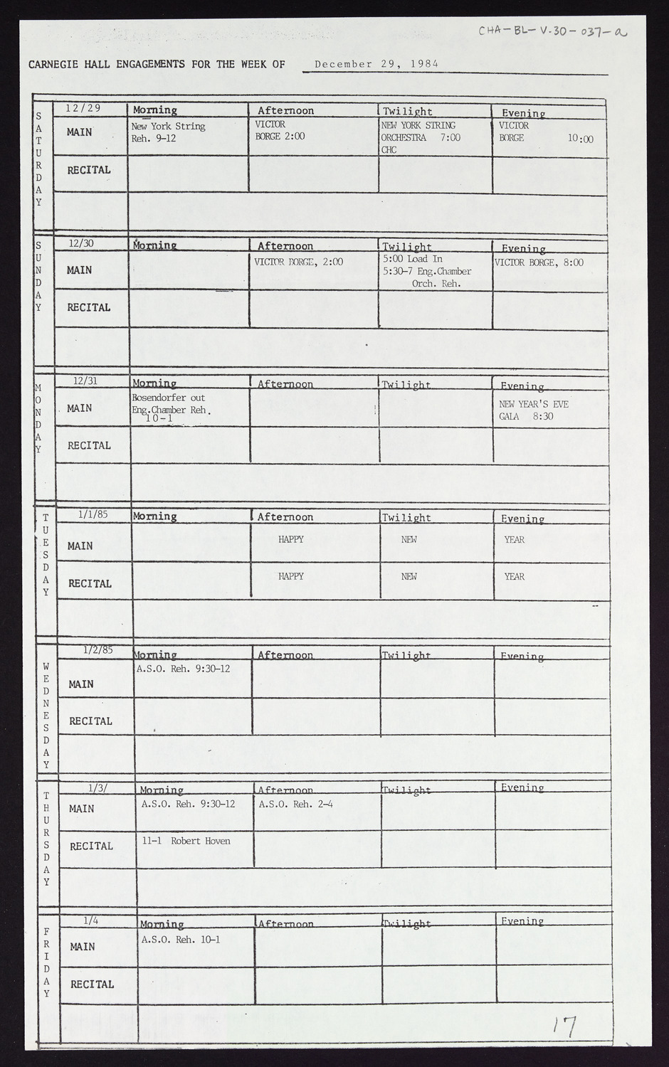 Carnegie Hall Booking Ledger, volume 30, page 37a