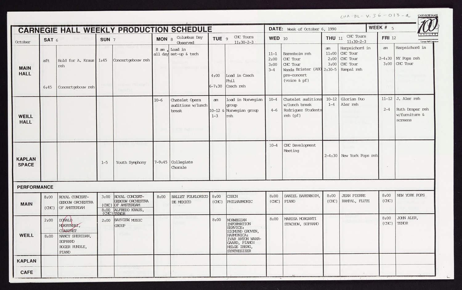 Carnegie Hall Booking Ledger, volume 36, page 13a