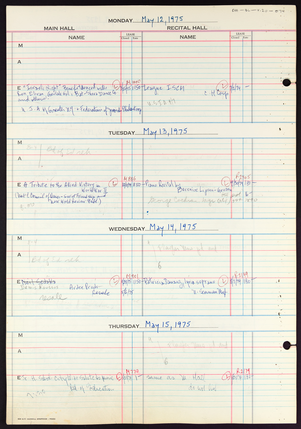 Carnegie Hall Booking Ledger, volume 20, page 74