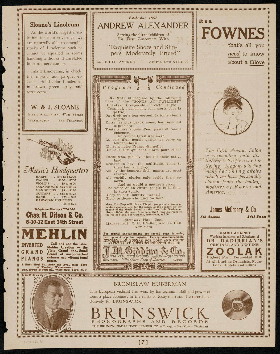 Magdeleine du Carp with the New York Philharmonic, January 25, 1922, program page 7