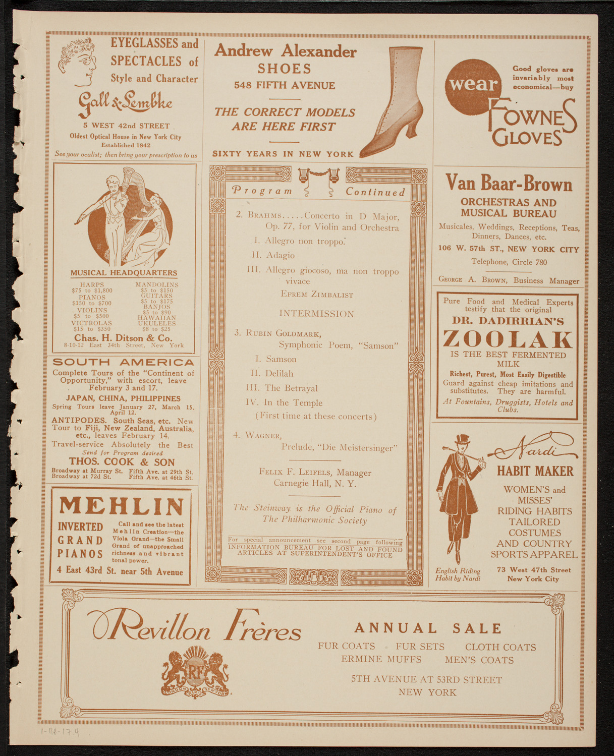 New York Philharmonic, January 11, 1917, program page 7