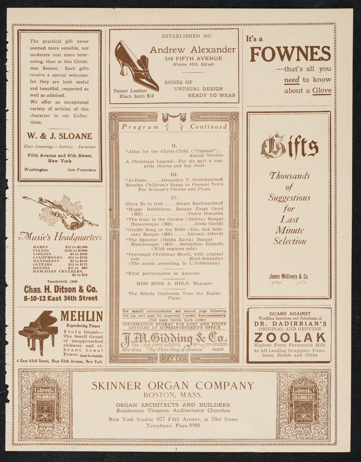 Schola Cantorum of New York, December 20, 1922, program page 7