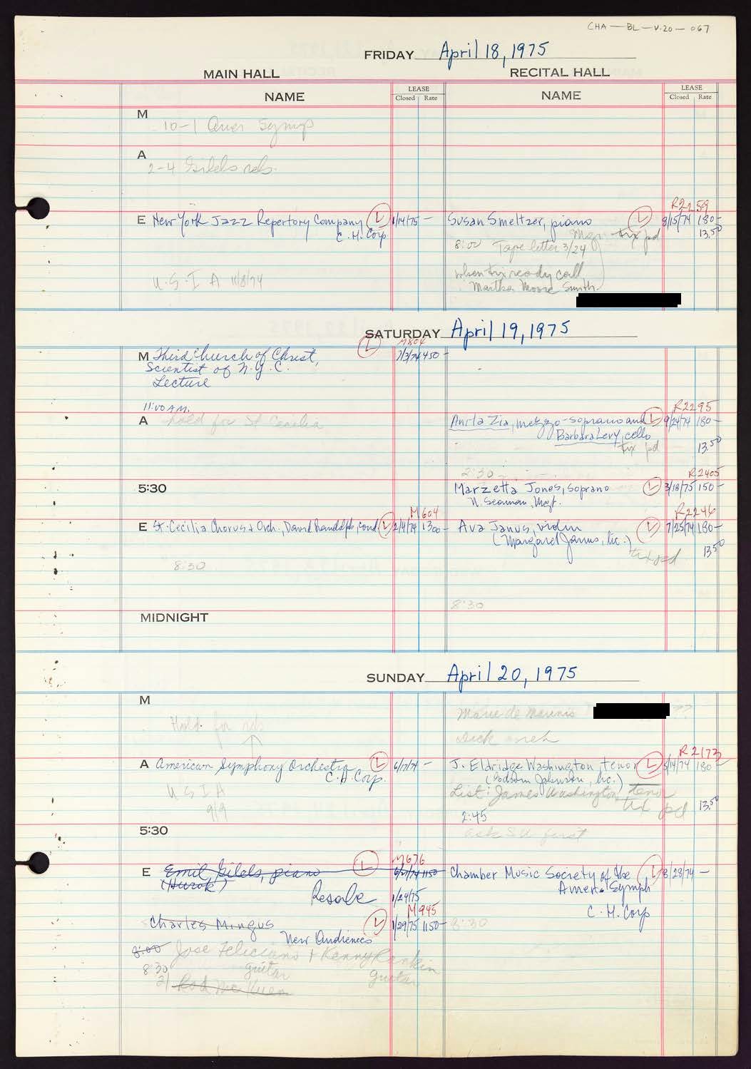 Carnegie Hall Booking Ledger, volume 20, page 67