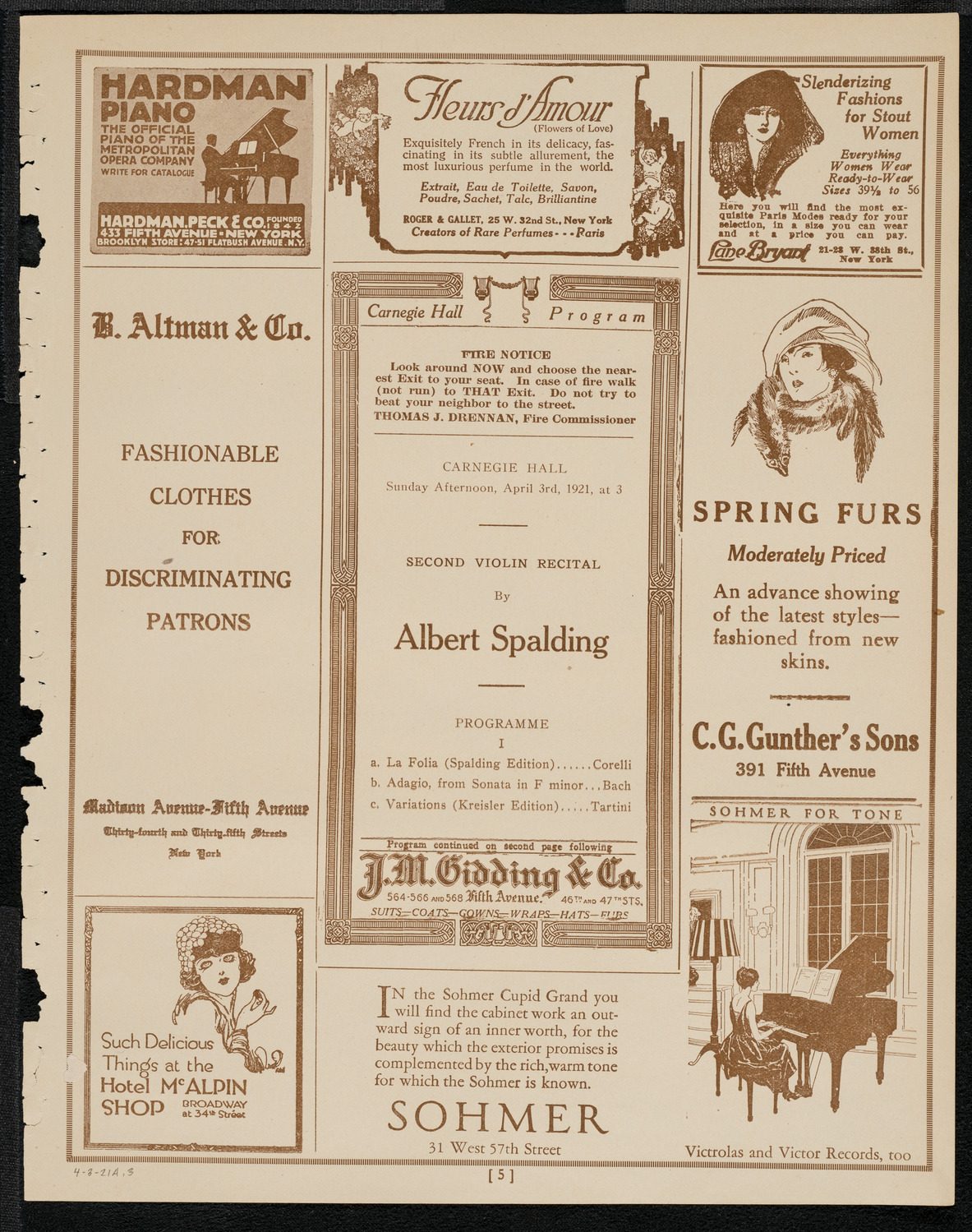 Albert Spalding, Violin, April 3, 1921, program page 5