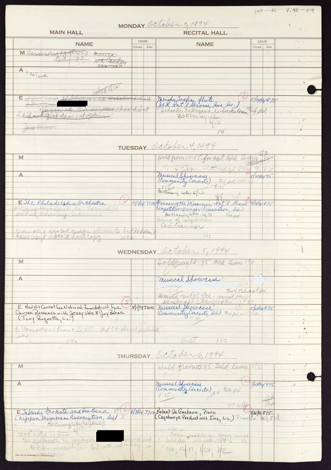 Carnegie Hall Booking Ledger, volume 40, page 14