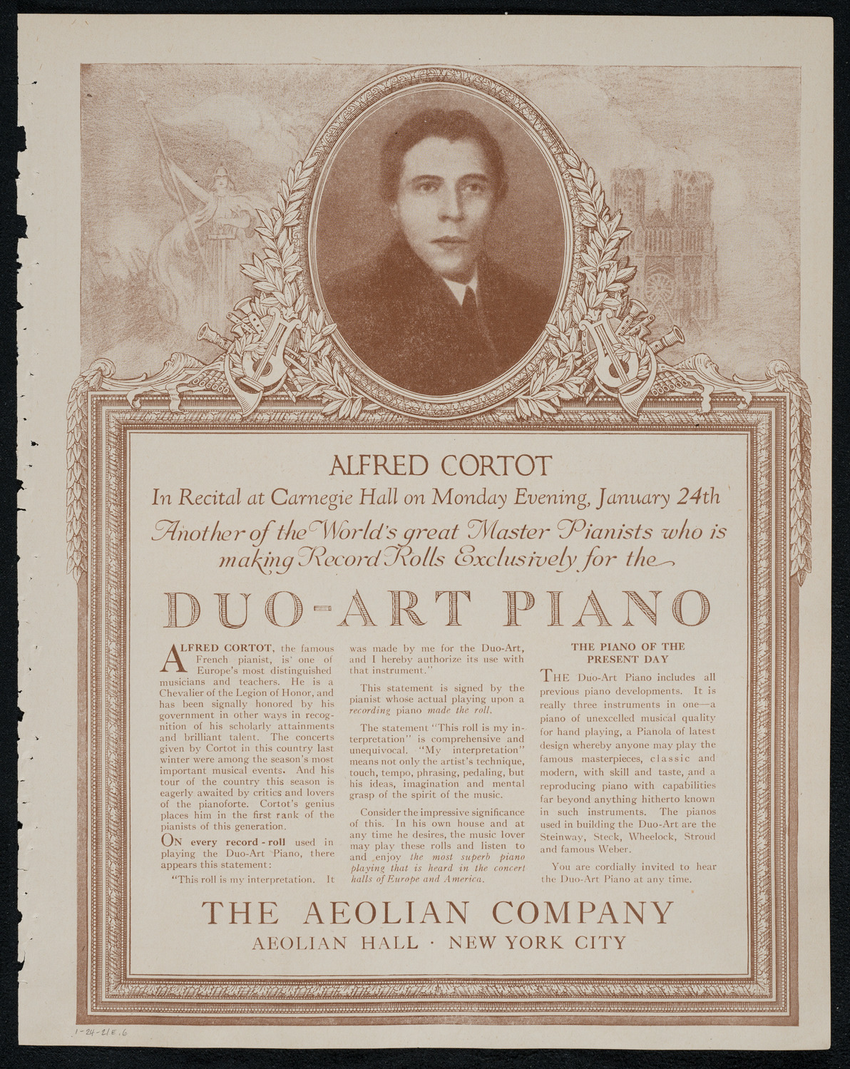 Alfred Cortot, Piano, January 24, 1921, program page 11