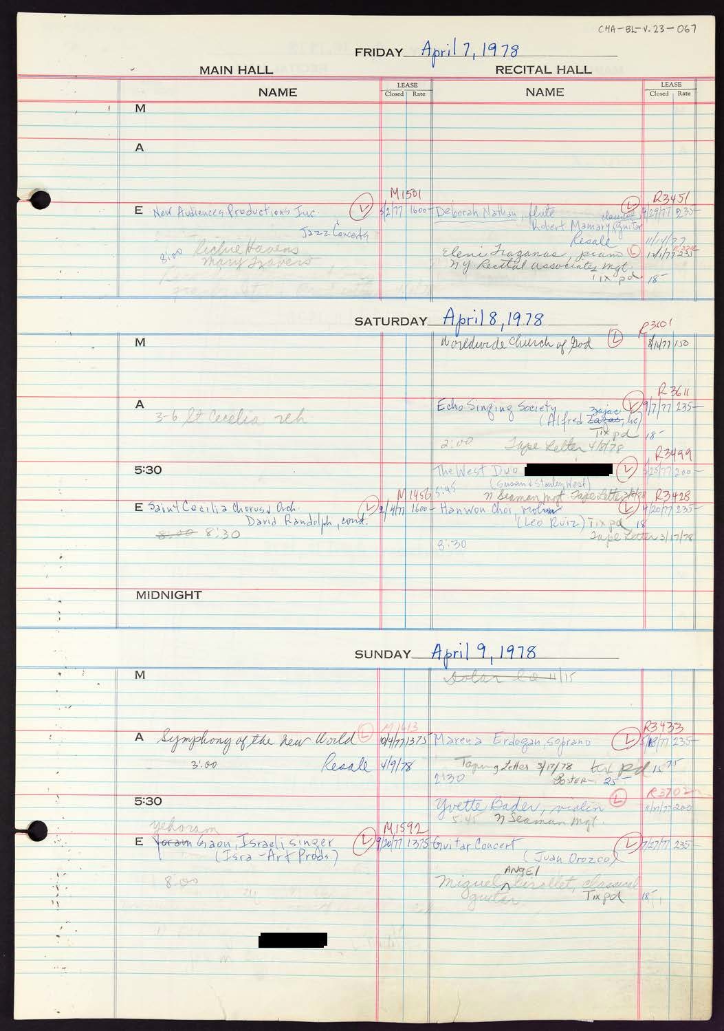 Carnegie Hall Booking Ledger, volume 23, page 67