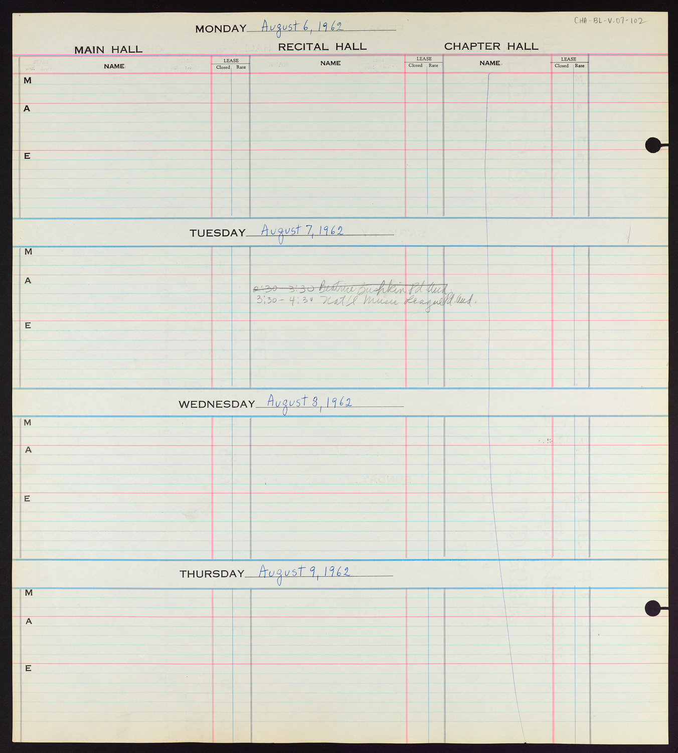 Carnegie Hall Booking Ledger, volume 7, page 102