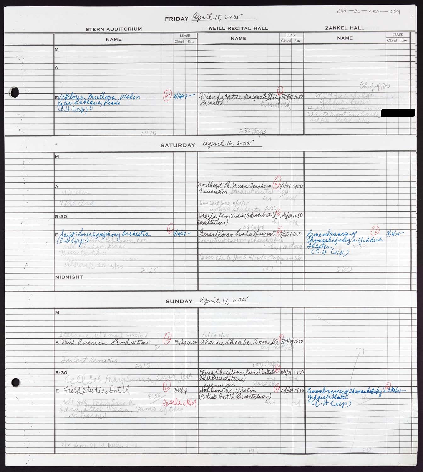 Carnegie Hall Booking Ledger, volume 50, page 69