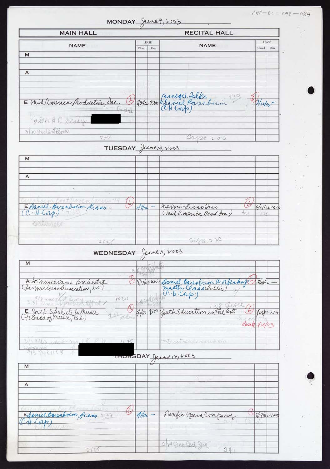 Carnegie Hall Booking Ledger, volume 48, page 84