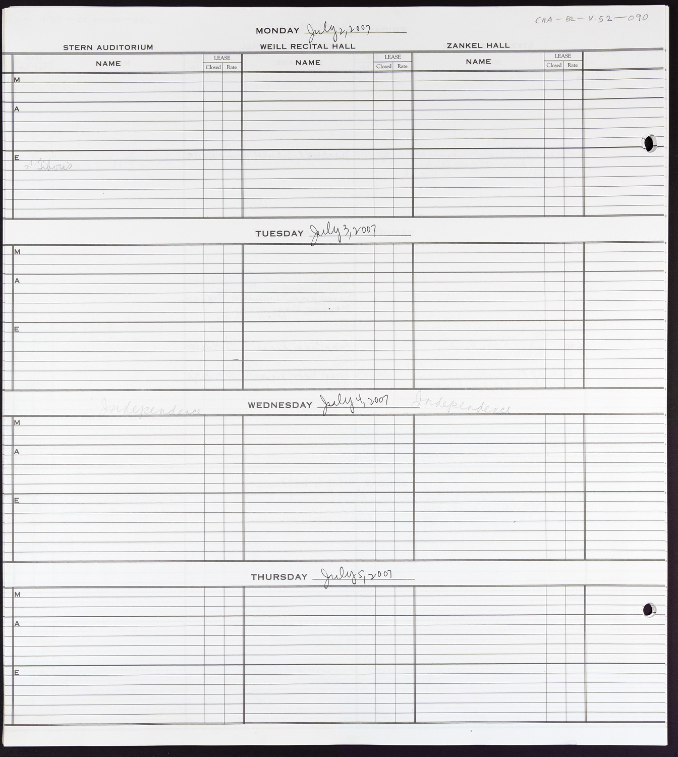 Carnegie Hall Booking Ledger, volume 52, page 90