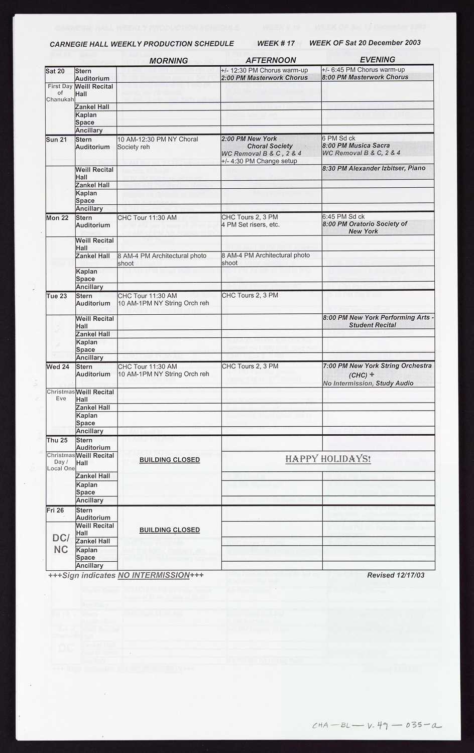 Carnegie Hall Booking Ledger, volume 49, page 35a