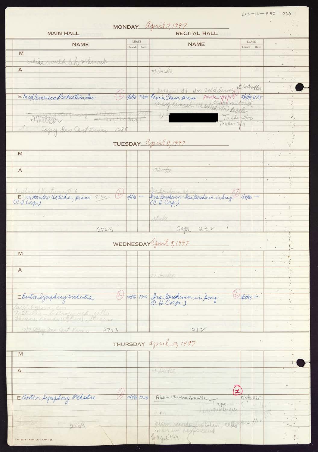 Carnegie Hall Booking Ledger, volume 42, page 66