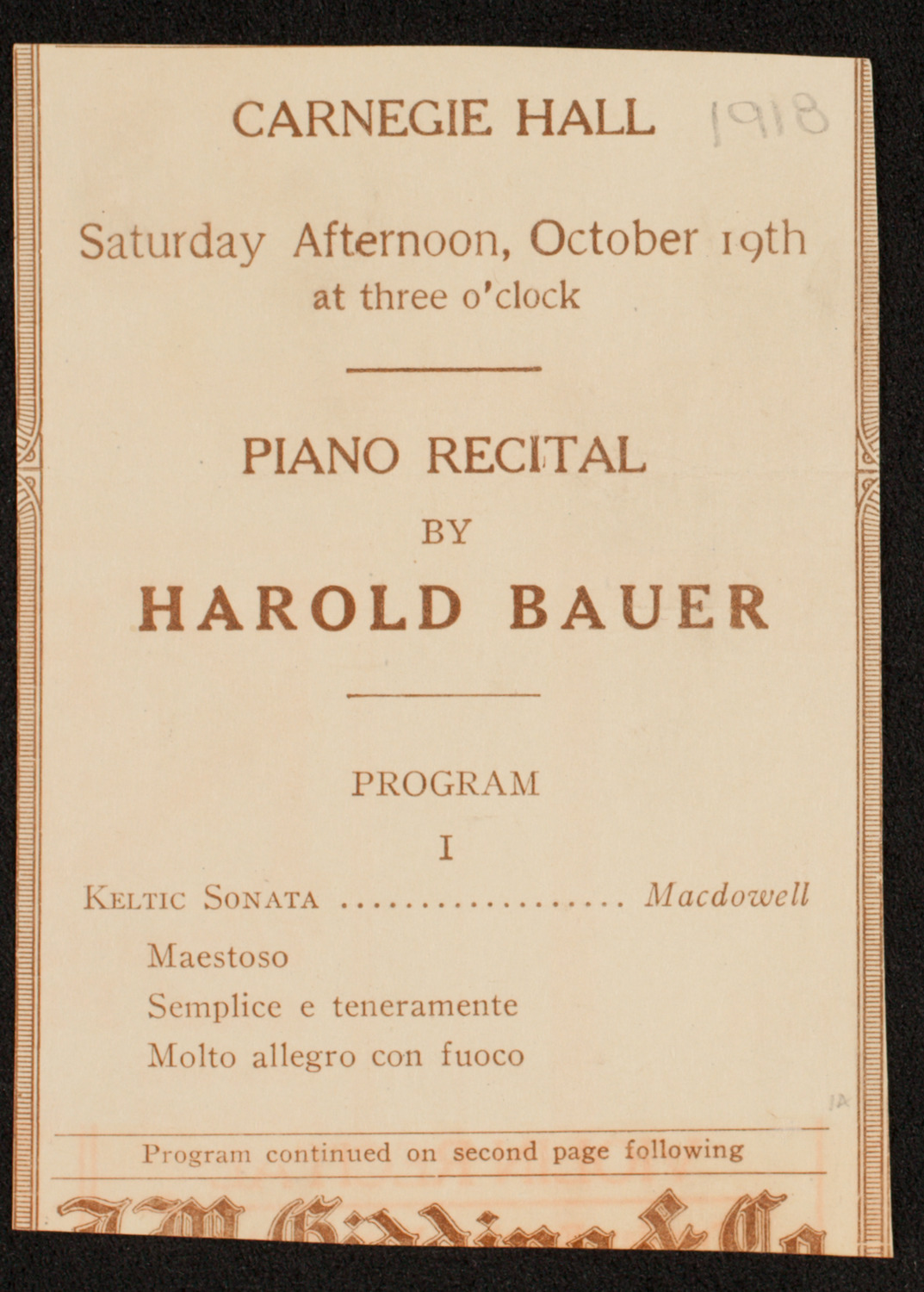 Harold Bauer, Piano, October 19, 1918, program page 1