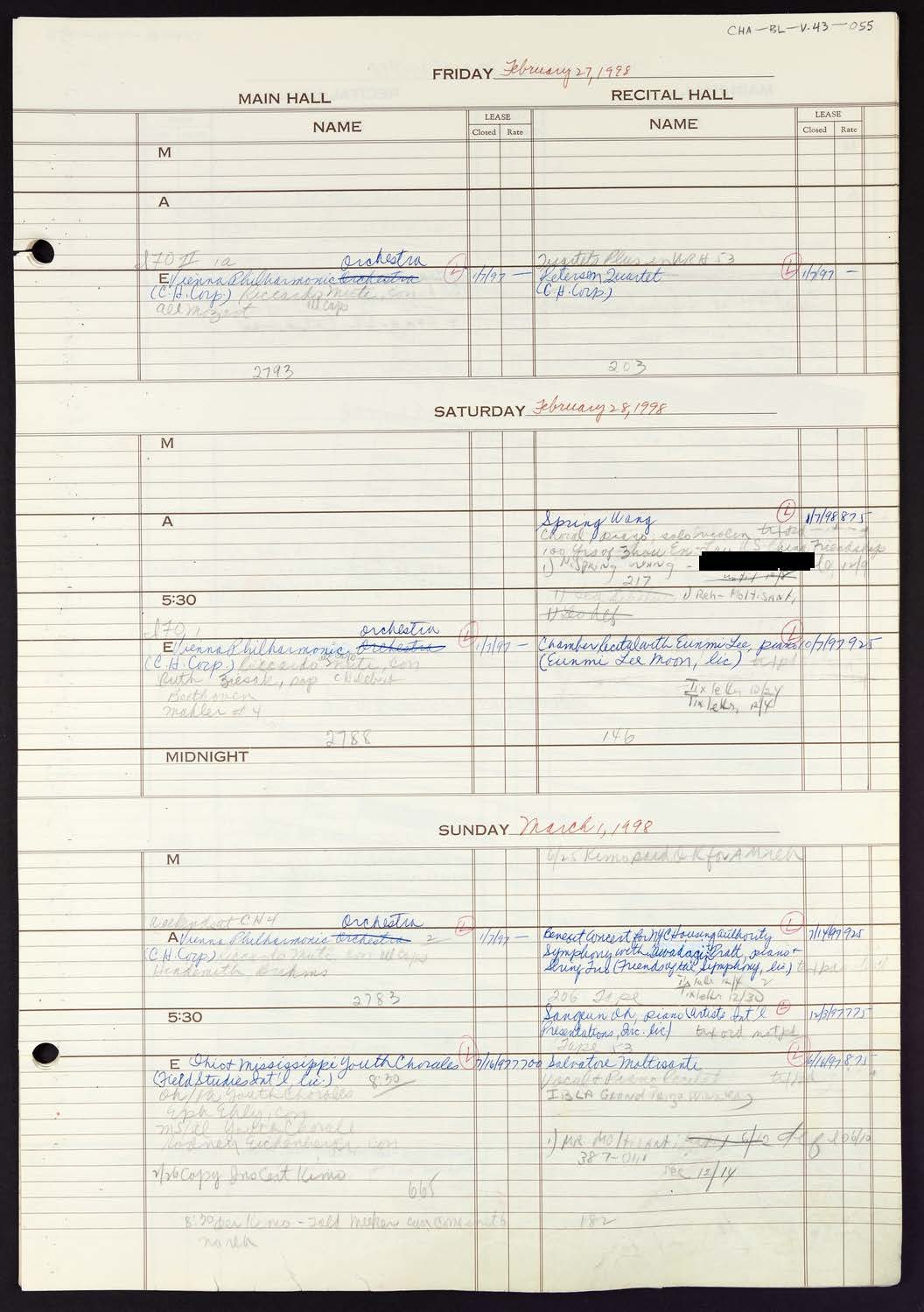 Carnegie Hall Booking Ledger, volume 43, page 55