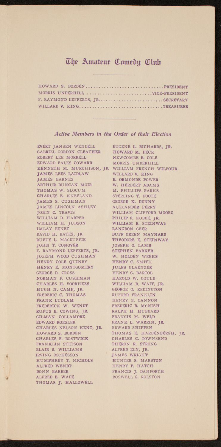 Amateur Comedy Club, April 9, 1913, program page 5