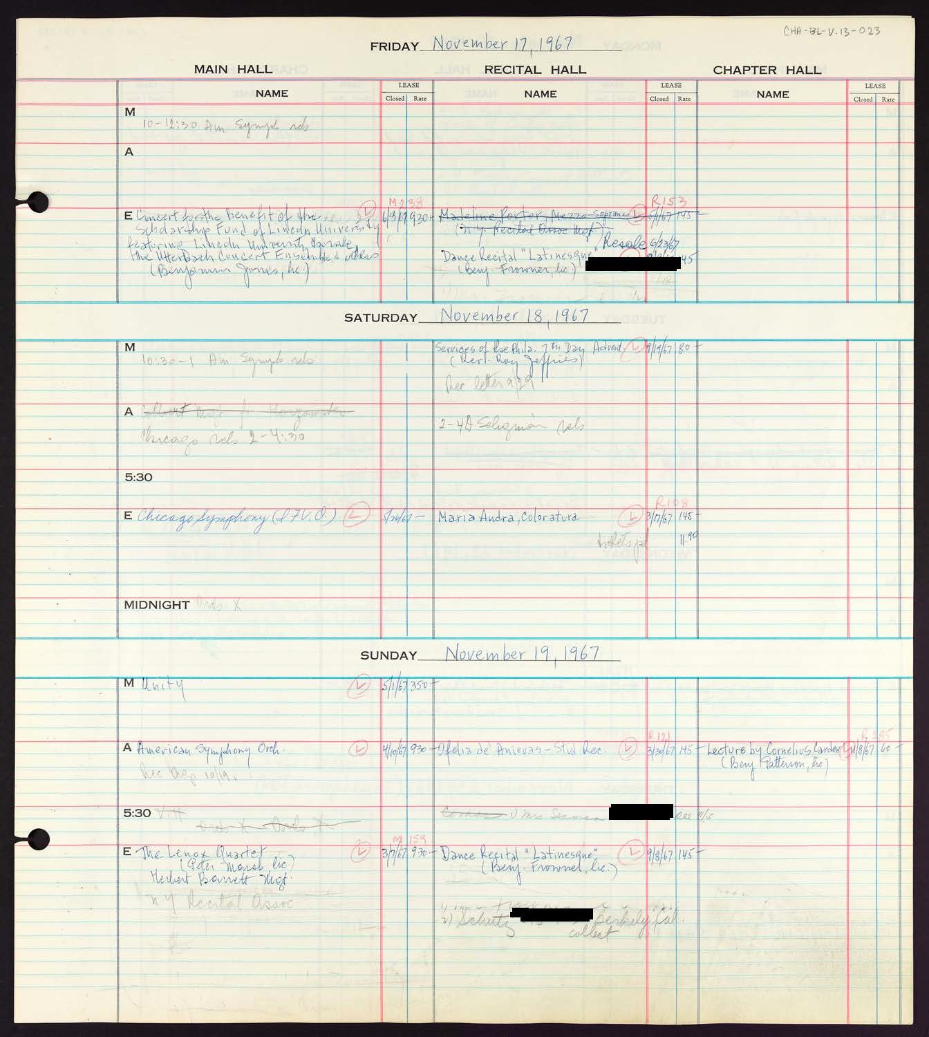 Carnegie Hall Booking Ledger, volume 13, page 23