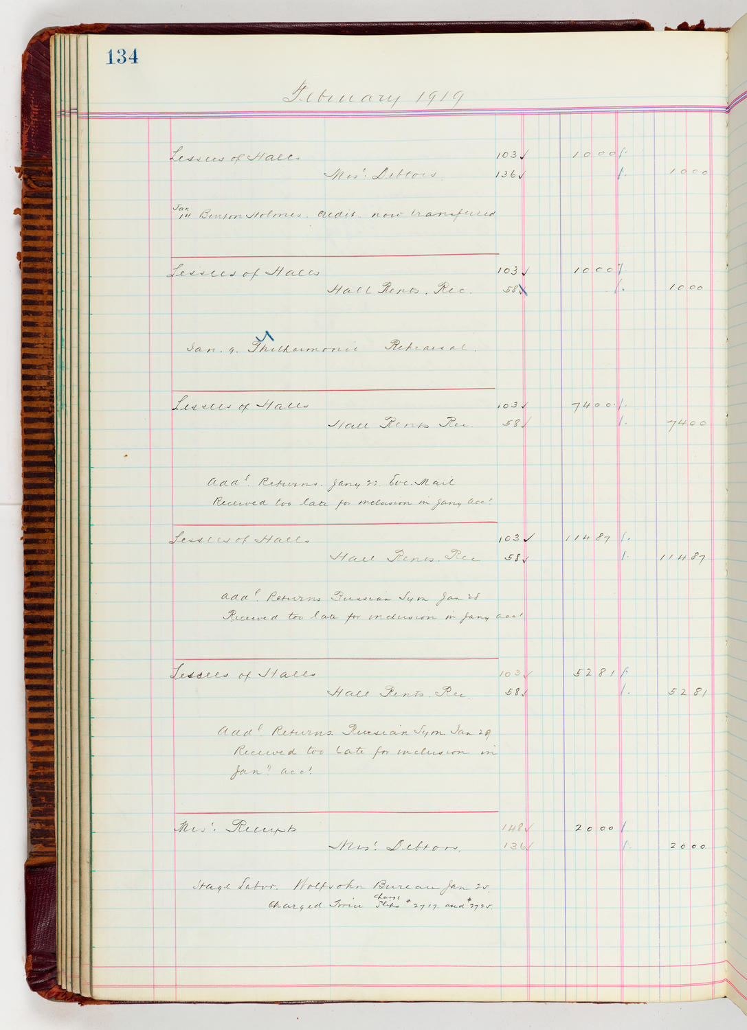 Music Hall Accounting Ledger, volume 5, page 134