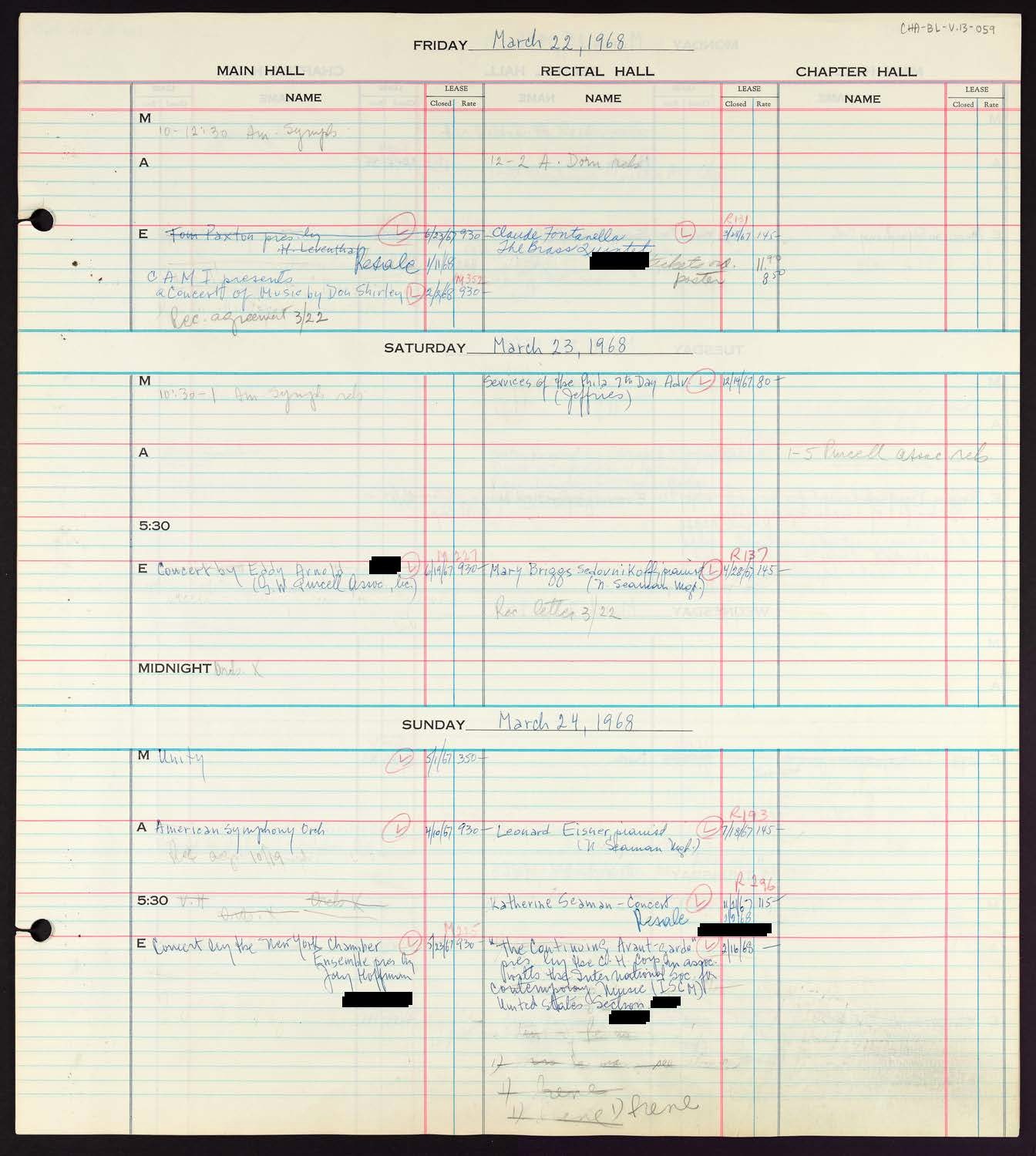 Carnegie Hall Booking Ledger, volume 13, page 59