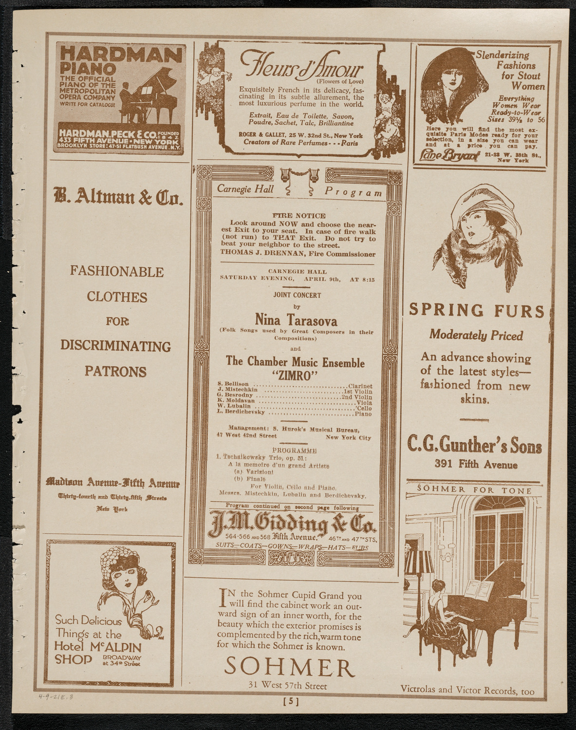 Joint Concert by Nina Tarasova and The Chamber Music Ensemble "Zimro", April 9, 1921, program page 5