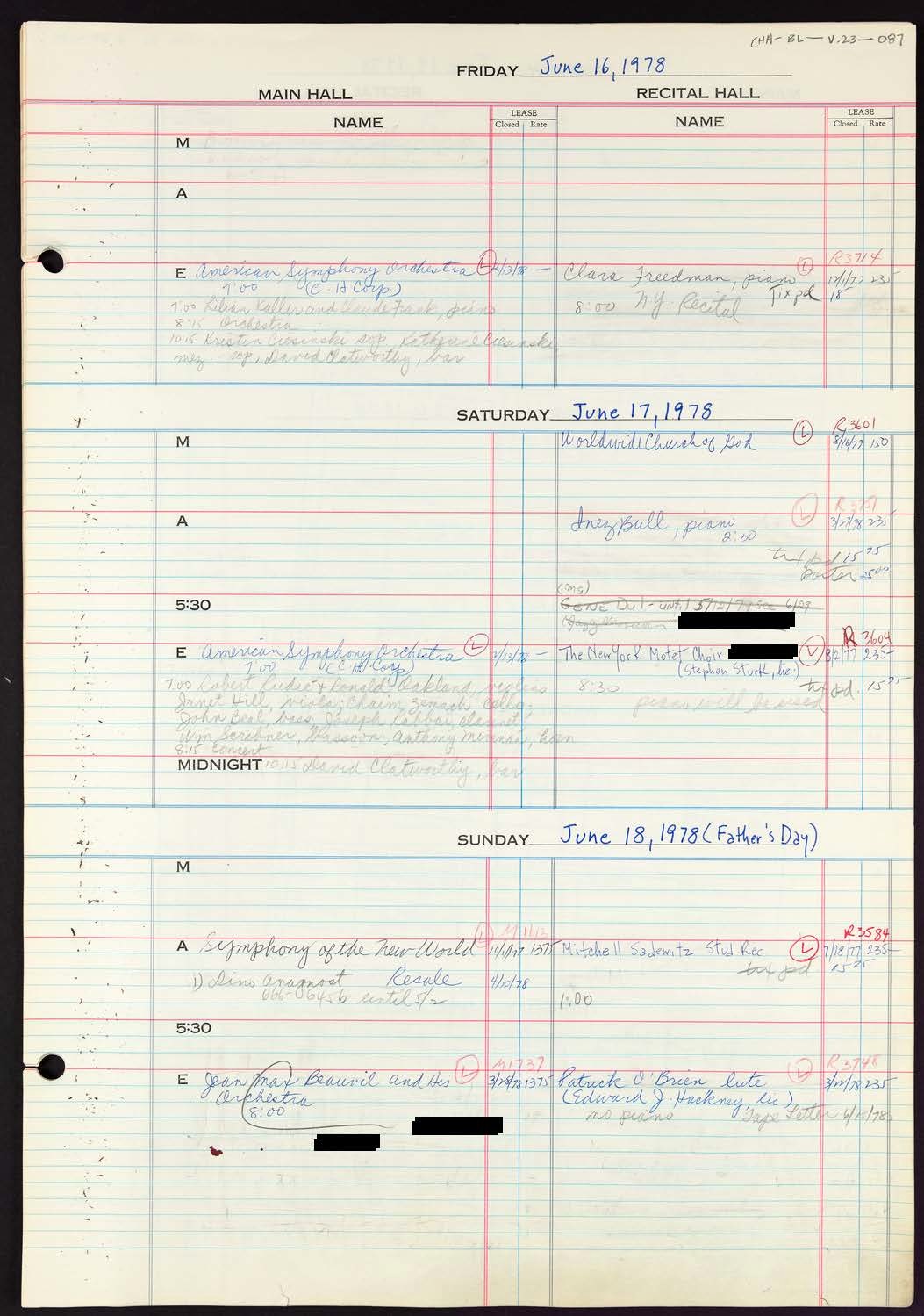 Carnegie Hall Booking Ledger, volume 23, page 87