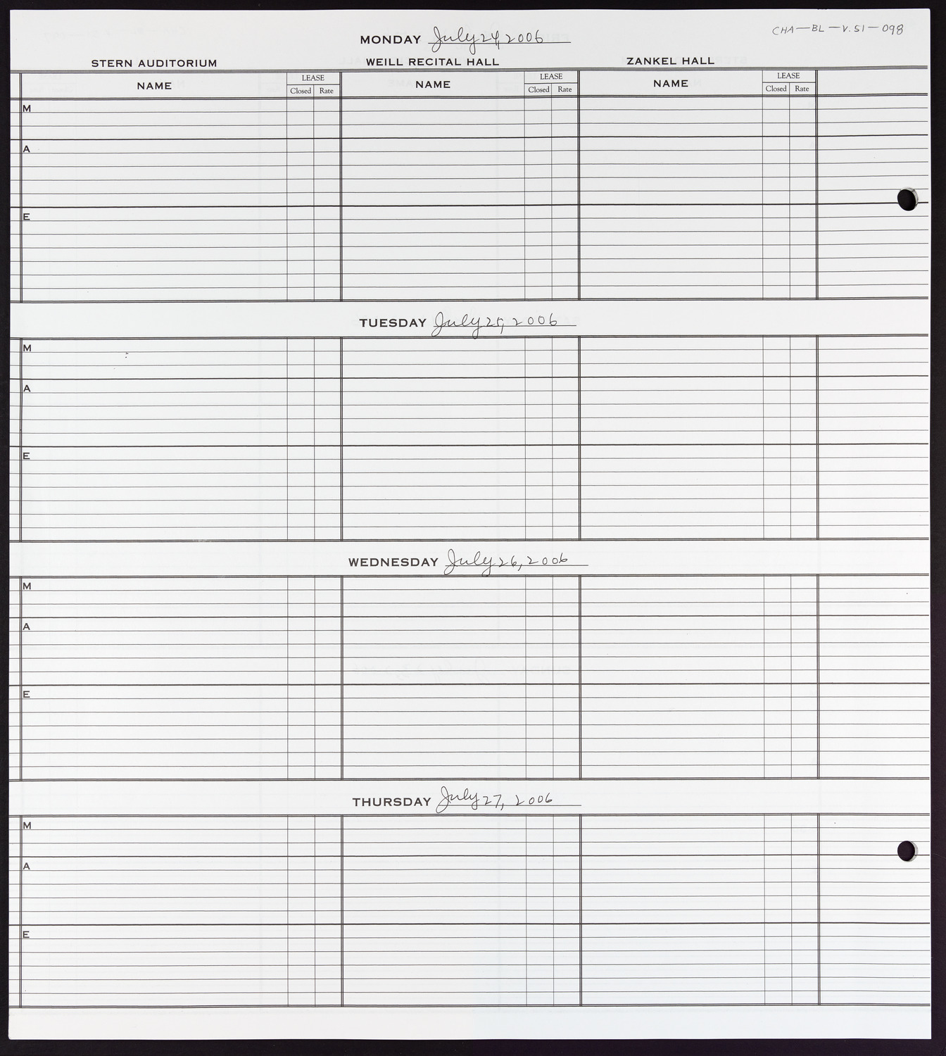 Carnegie Hall Booking Ledger, volume 51, page 98