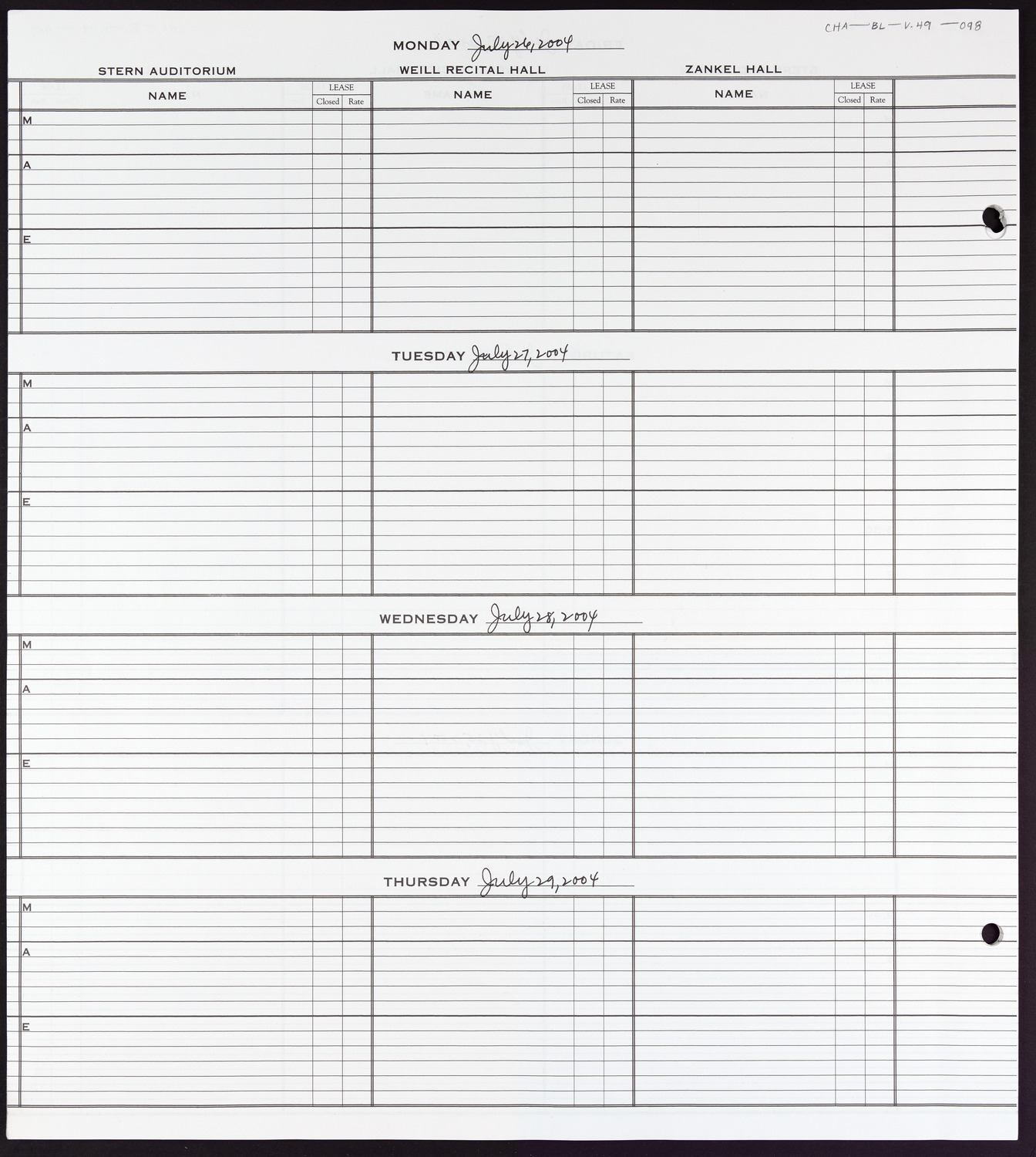 Carnegie Hall Booking Ledger, volume 49, page 98