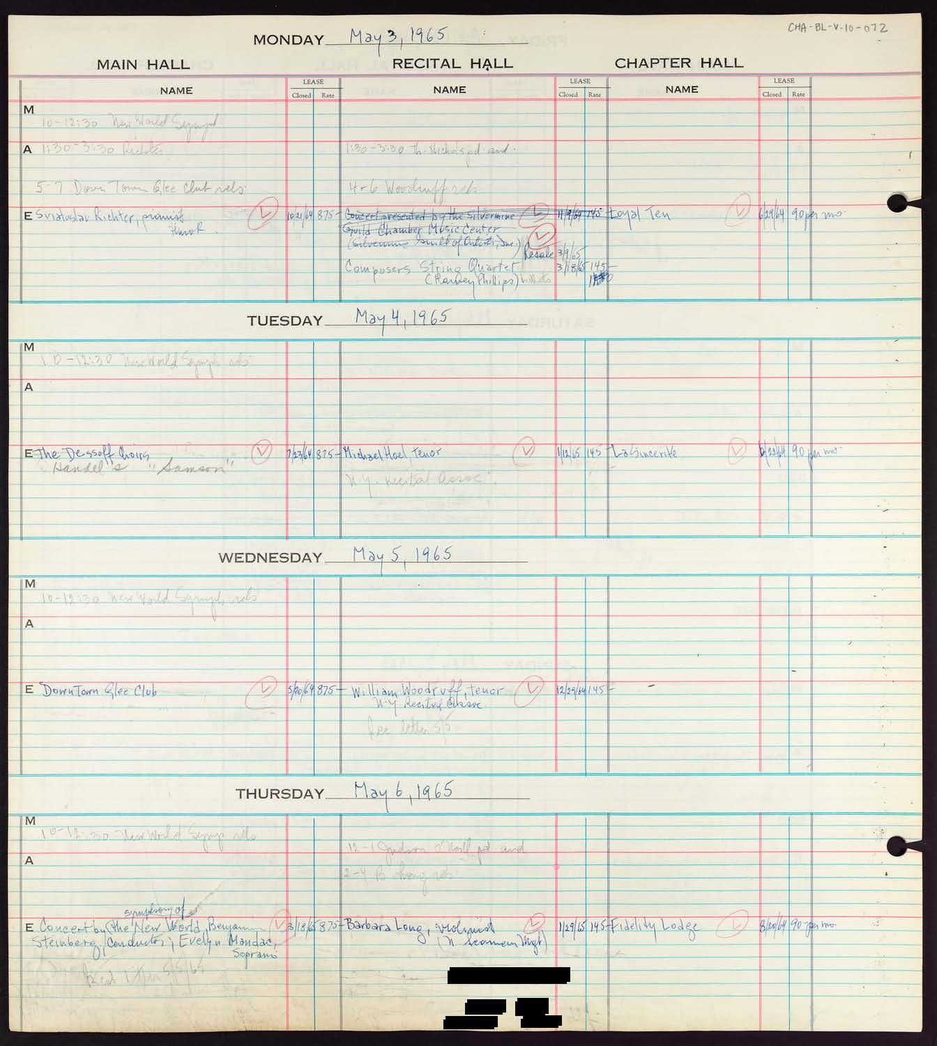 Carnegie Hall Booking Ledger, volume 10, page 72