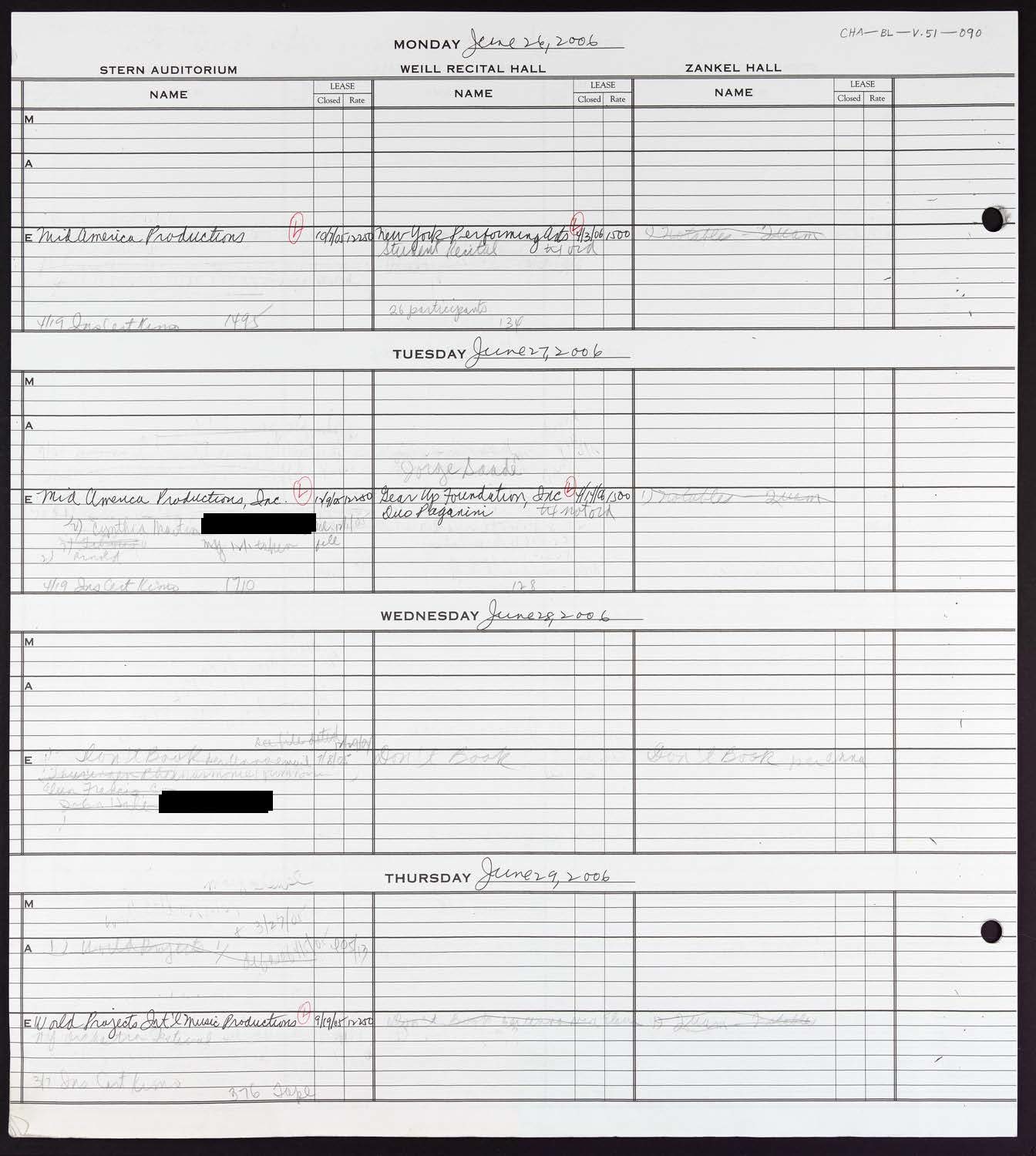 Carnegie Hall Booking Ledger, volume 51, page 90