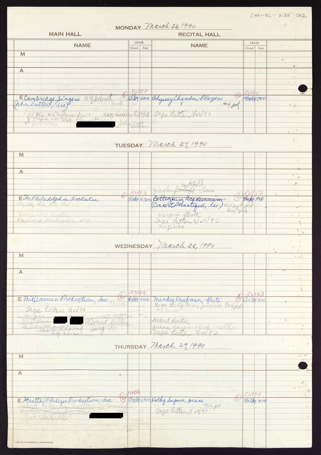 Carnegie Hall Booking Ledger, volume 35, page 62