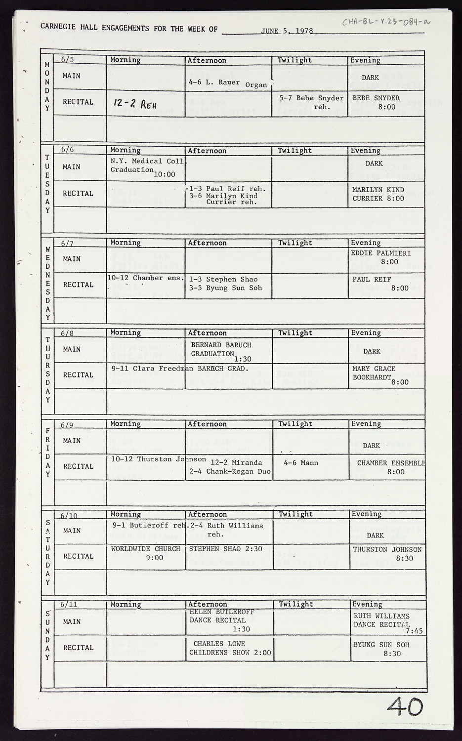 Carnegie Hall Booking Ledger, volume 23, page 84a