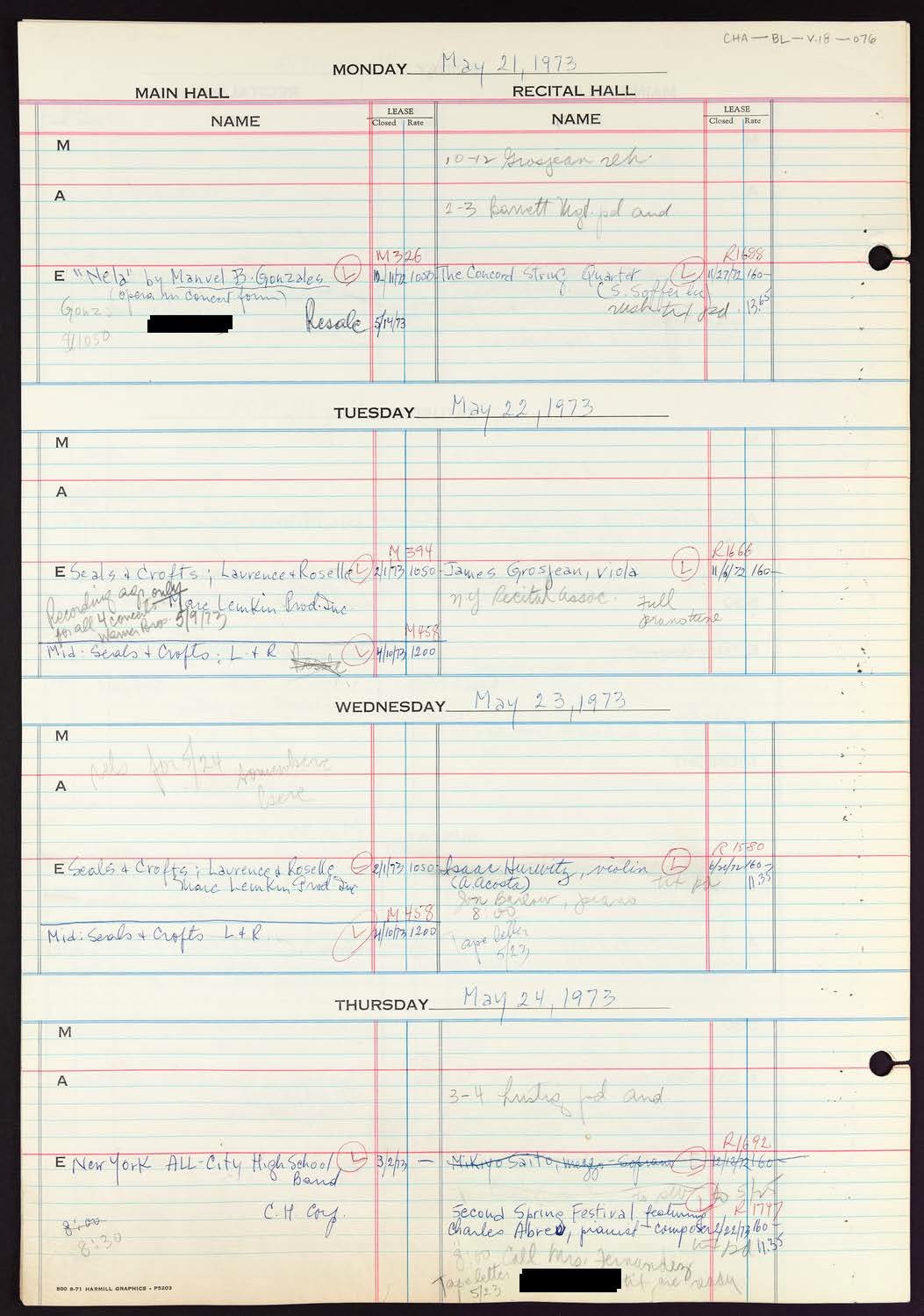 Carnegie Hall Booking Ledger, volume 18, page 76