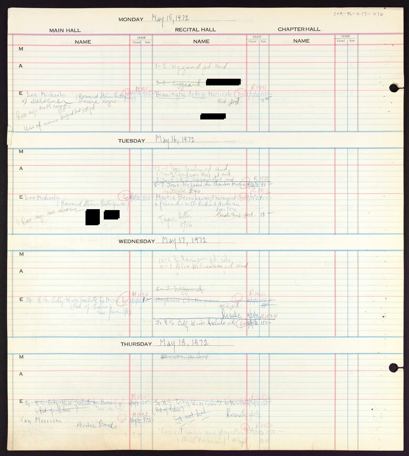 Carnegie Hall Booking Ledger, volume 17, page 76