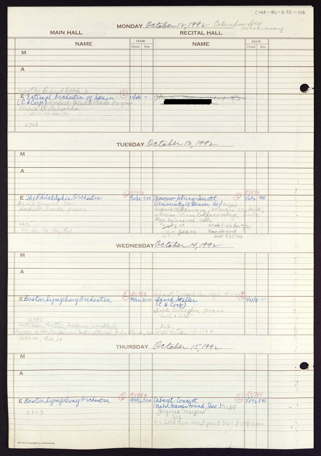 Carnegie Hall Booking Ledger, volume 38, page 16