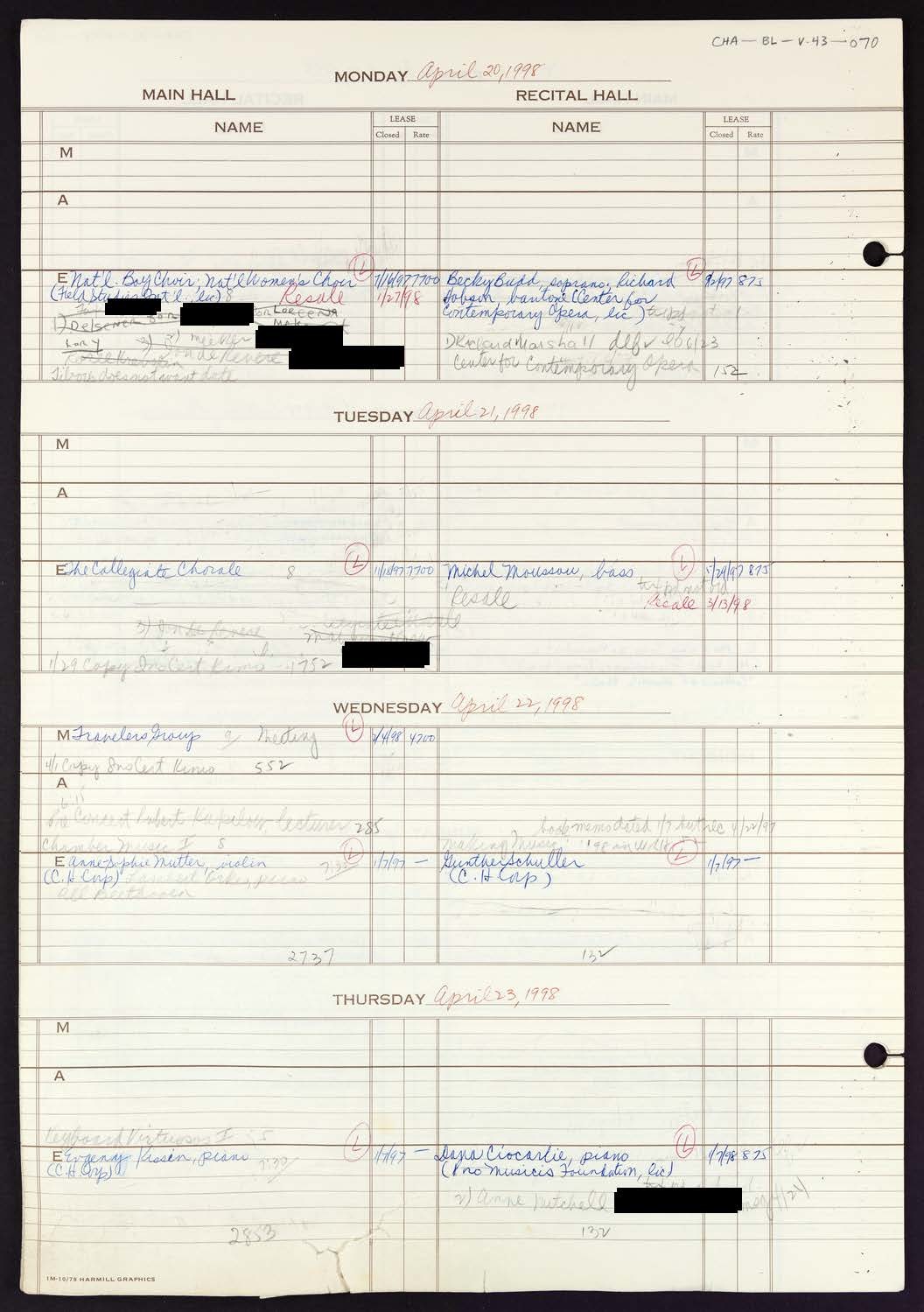 Carnegie Hall Booking Ledger, volume 43, page 70