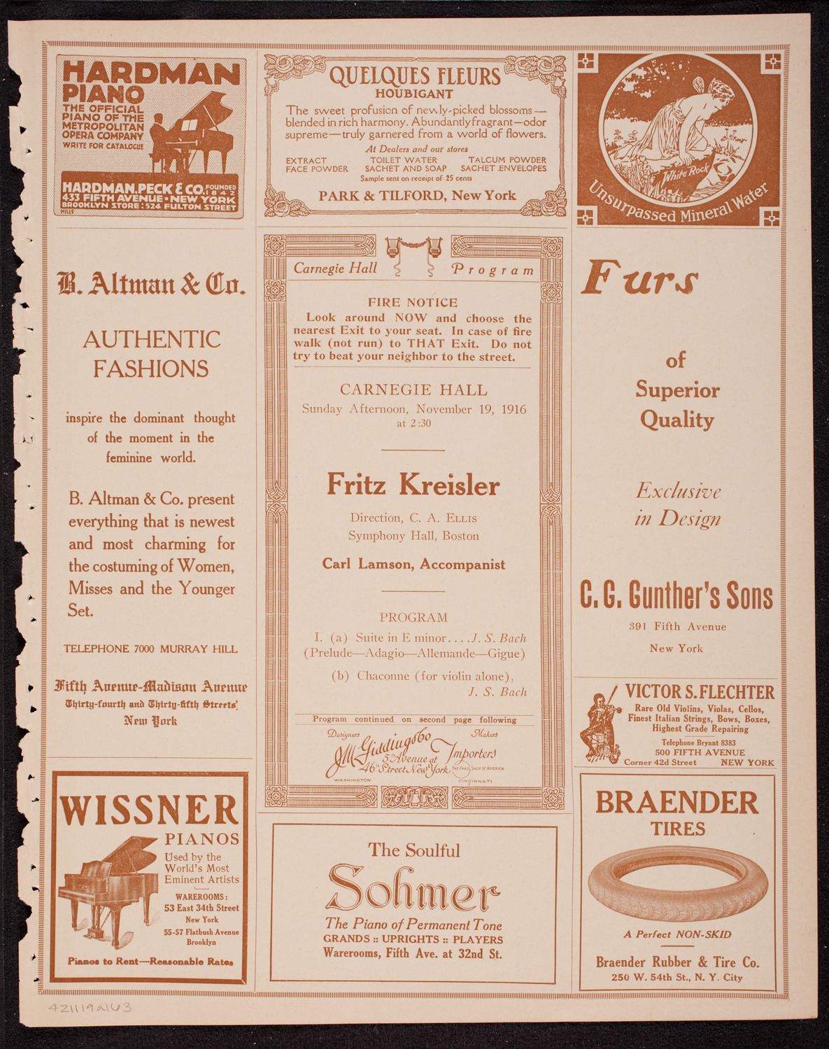 Fritz Kreisler, Violin, November 19, 1916, program page 5