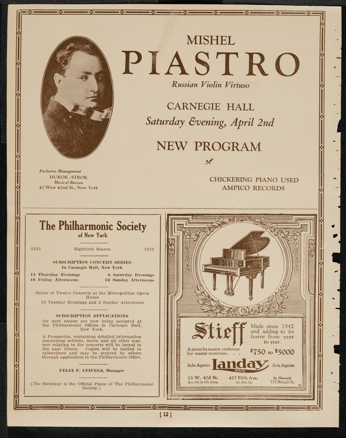 Mishel Piastro, Violin, April 2, 1921, program page 12