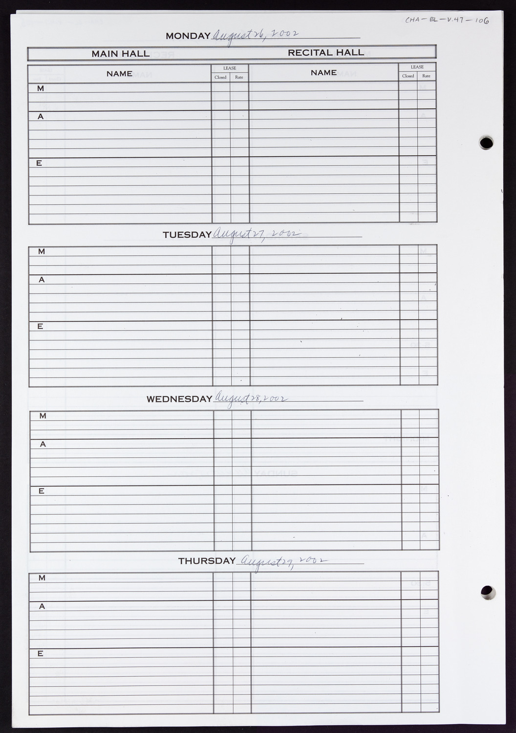 Carnegie Hall Booking Ledger, volume 47, page 106